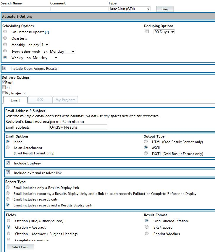 PsycInfo Opprettelse av epost varsling Valg for epost-varsling Navngi epost-varslingen Velg hvor ofte du vil ha