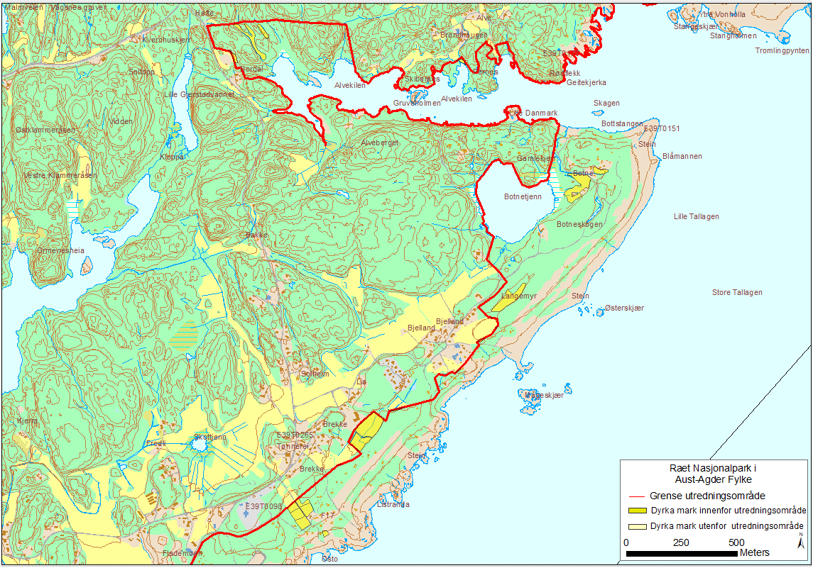 Figur 2: Kartutsnitt som viser planområdet for Raet nasjonalpark på Brekka Alve området i Arendal kommune. Fulldyrket jord innenfor planområdet er markert med mørke gul farge.