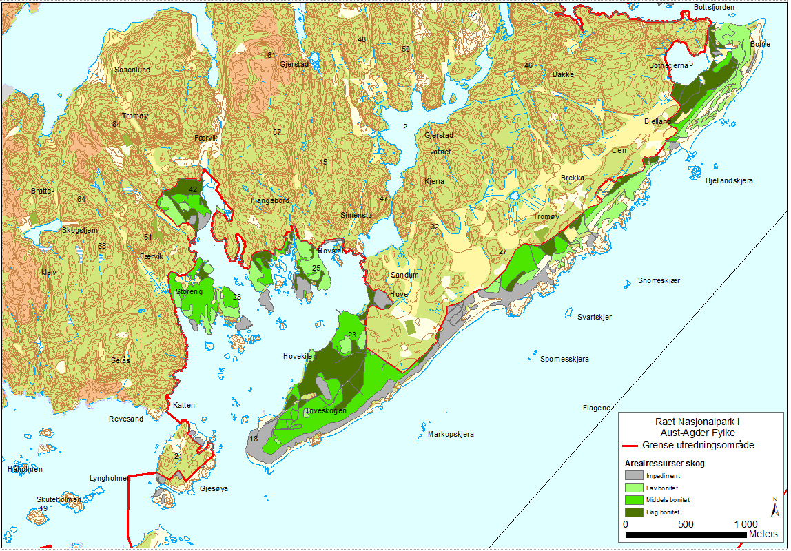 Figur 4: Kartutsnitt som viser planområdet for Raet nasjonalpark på vestre del av Tromøya