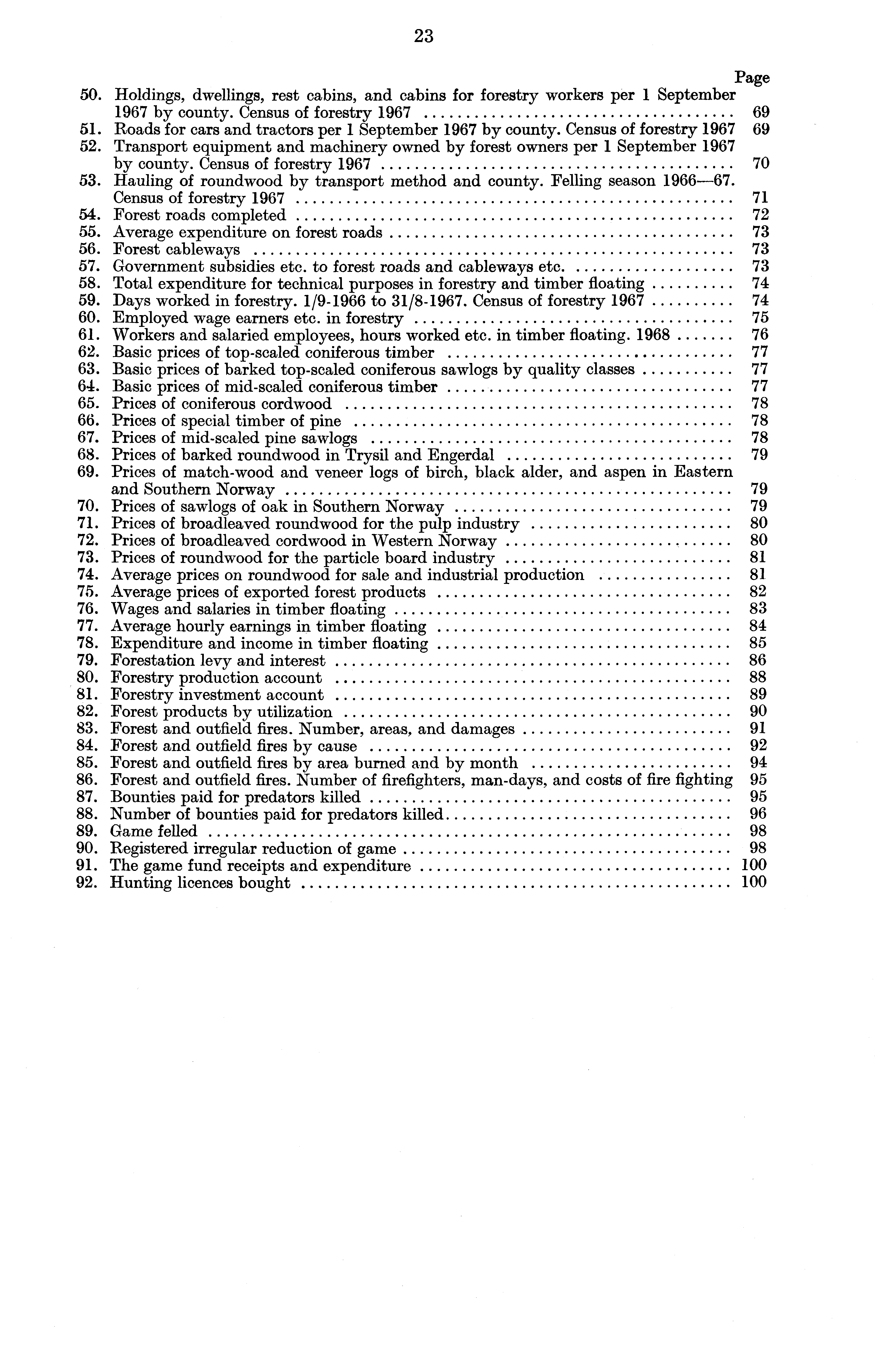 23 Page 50. Holdings, dwellings, rest cabins, and cabins for forestry workers per 1 September 1967 by county. Census of forestry 1967 69 51. Roads for cars and tractors per 1 September 1967 by county.