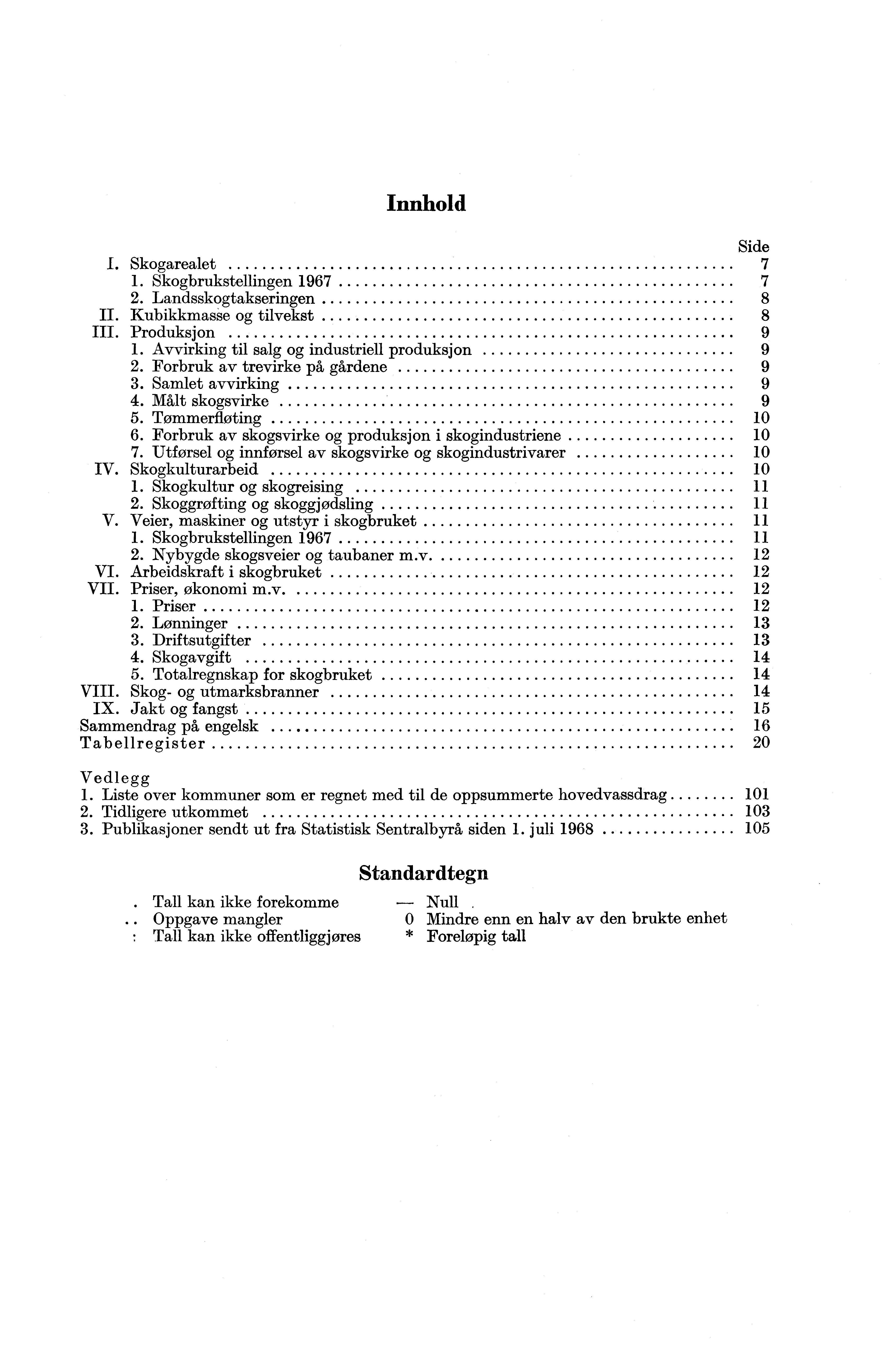 Innhold Sid; I. Skogarealet 1. Skogbrukstellingen 1967 7 2. Landsskogtakseringen 8 II. Kubikkmasse og tilvekst 8 III. Produksjon 9 1. Avvirking til salg og industriell produksjon 9 2.