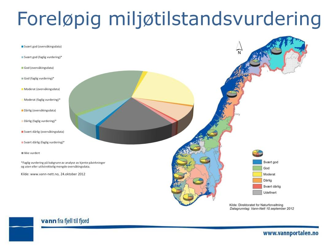 Nesten halvparten av vannet i norske vassdrag og fjorder har godt vannmiljø. Drøyt en tredel av norsk vann trenger behandling før det eventuelt kan friskmeldes. Resultater pr. 9.