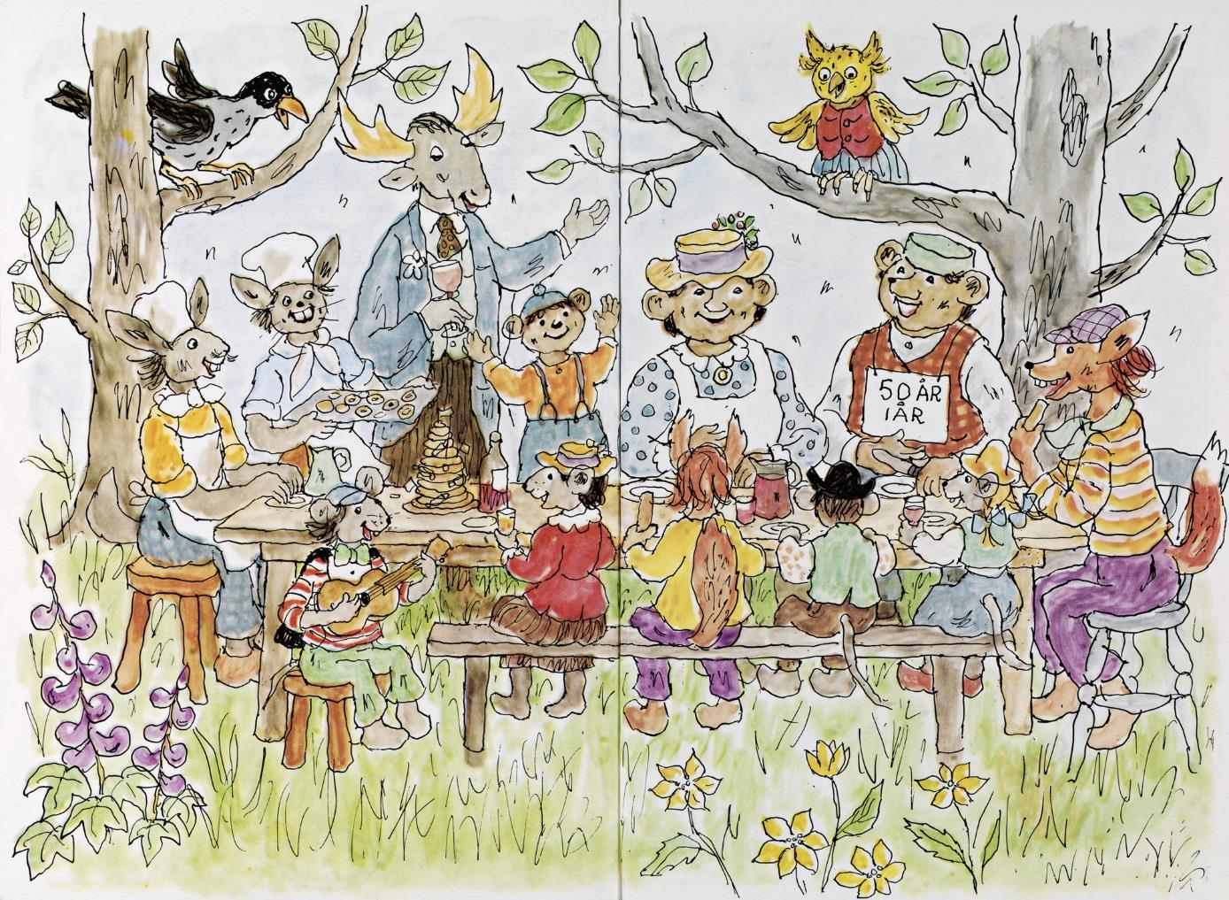 Og alle dyra klappet for den veldig fine talen Og reven gråt en tåre som han tørket bort med halen Bamse Bamse Bamse har alltid vært en