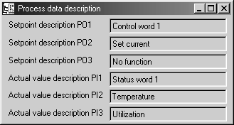 Parameter Beskrivelse av prosessdata 6 6.12 Beskrivelse av prosessdata Vinduet "Process data description" (beskrivelse prosessdata) viser innholdet i prosessdata. 6.12.1 Visning 1.