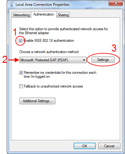 1. Kryss av for Aktiver IEEE 802.1X-godkjenning. 2. Sjekk at Godkjenningsmetoden er Beskyttet EAP (PEAP). 3. Klikk på Innstillinger. 1.