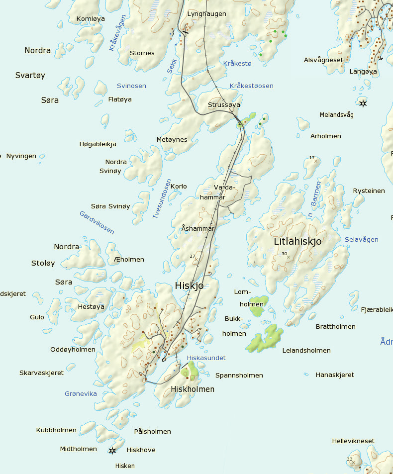 3 Hiskjo Lengde rundt Litlahiskjo 7 km, 2-3 timar Lengde rundt Hiskjo ca 10 km, 3-5 timar 59.7442 5.