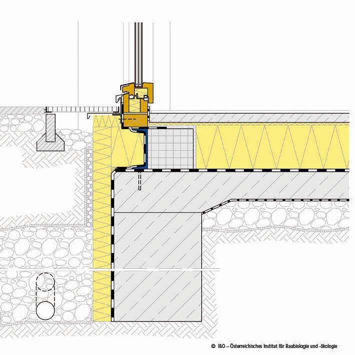 5.8.3 Terrasser med dører 5.8.3.1 Terrassedør/gulvplate med isolasjon over Fra Passivhaus-Bauteilkatalog, detalj TTh 01 EFo 01.