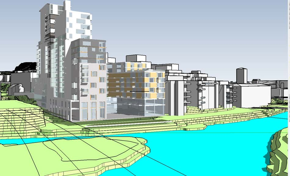 13 3D av foreslått bebyggelse sett fra jernbanen ved passering av Sandvikselva fra vest mot øst.