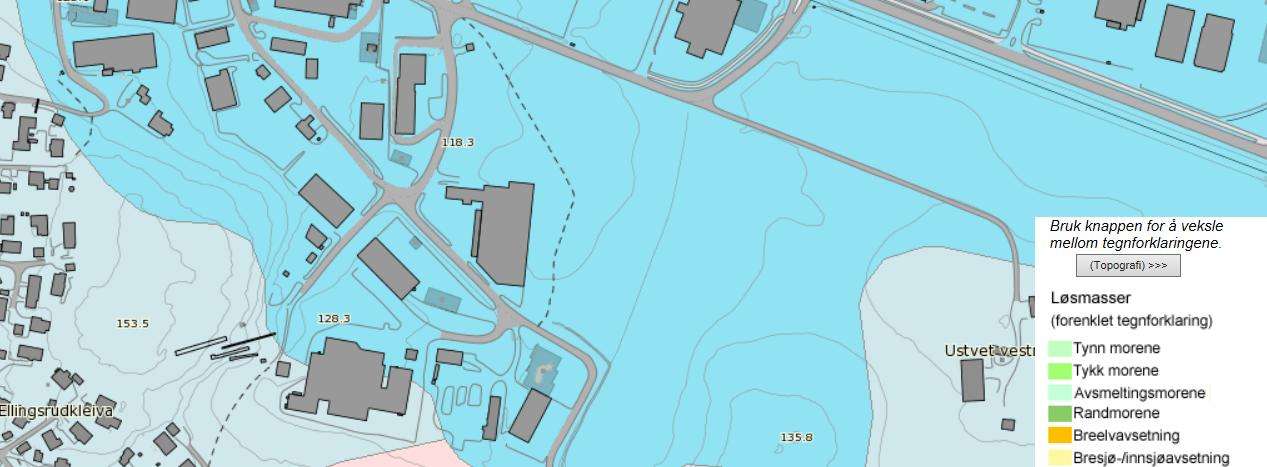 3.5 Grunnvannstand Figur 3 Løsmassekart (Kilde: NGU) Grunnvannstanden er registrert i ca. 0,8 m dybde under terrengoverflate i målepunkt S01. Dette tilsvarer en grunnvannstand på ca.