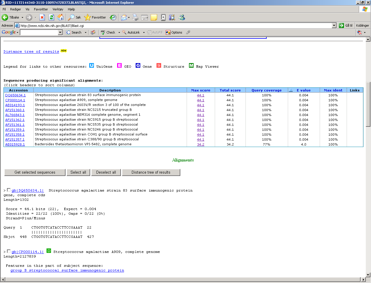 GenBank number Hits in GenBank Score the percent of the query length that is included in the aligned segments E-value GenBank