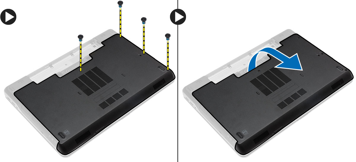 Ta av bunndekselet 1. Følg prosedyrene i Før du arbeider inne i datamaskinen. 2. Fjern skruene som fester bunndekslet til datamaskinen.