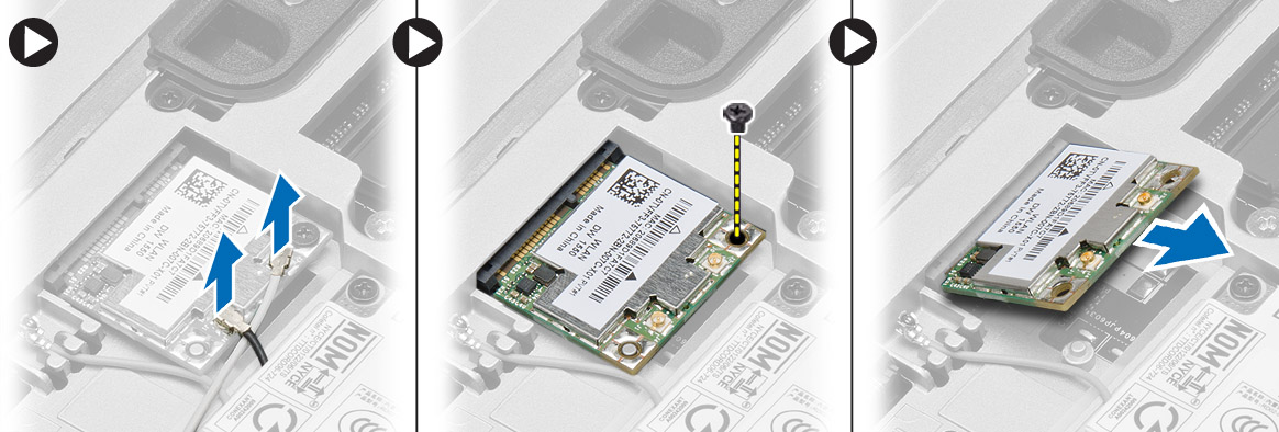 3. Utfør følgende: a. Koble antennekablene fra WLAN-kortet. b. Fjern skruen som fester WLAN-kortet til hovedkortet. c. Ta WLAN-kortet ut av datamaskinen. Sette inn WLAN-kortet 1.