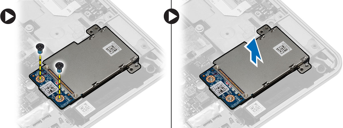 3. Fjern skruene som fester ExpressCard-rammen til datamaskinen. Fjern ExpressCard-rammen fra datamaskinen. 4. Fjern skruene som fester ExpressCard-rammen til hovedkortet.