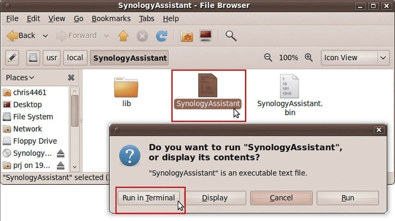 5 Gå til /usr/local/synologyassistant (eller [banen du akkurat har angitt]/synologyassistant), dobbeltklikk på SynologyAssistant og velg Run in Terminal i dialogboksen som vises.