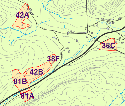 38A Utredes ikke - 100-m tilnærmet ubebygd 38 B Utredes med sikte på 30A fortetting i/ved 100-m trafikksikkerhet. Utreds ikke 142 Ubebygd område i 100-m beltet.