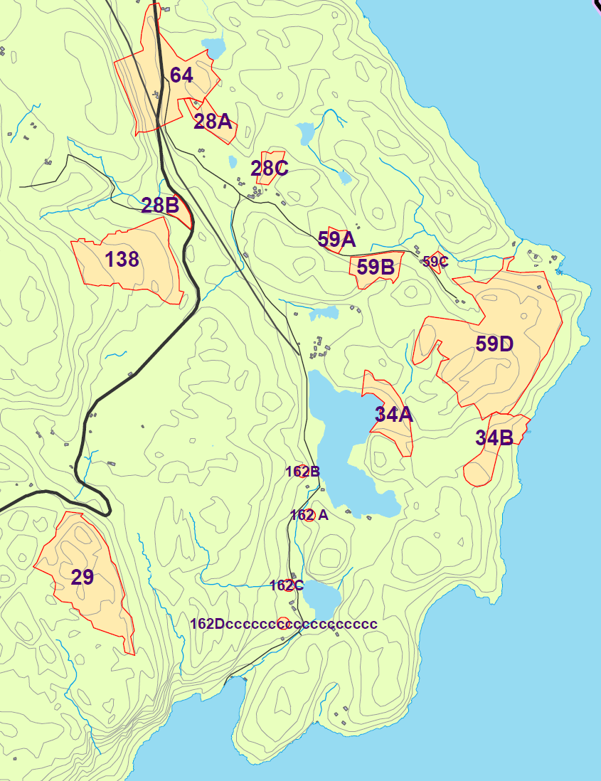 Uegnet ut egen 110B Utredes Prioritert landbruk Vinterskygge som resten av Sande Utvidelse av spredt bolig på Sande (tilknyttet eksisterende boligbebyggelse via undergang under hovedvei) Vinterskygge