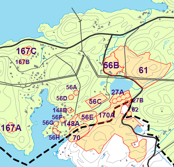 (160=Bygging i 100m-beltet på bebygd areal/bak off. veg) 167 Deler av innspillet er uegnet ut fra landskapshensyn.