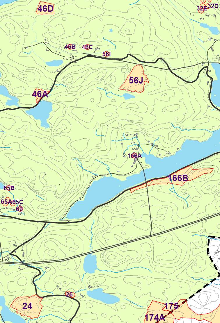 56C 56E 70 46D 46A 56J 166B Ubebygd område langs hovedvei.