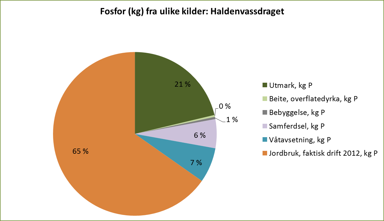 Figur 3. Tilførsler av totalt fosfor fordelt på delnedslagsfelt og kilder. Utarbeidet av Bioforsk. Avløp Tilførslene innen spredt avløp er i for 2013 satt til 10 % av tilførslene i 2008.