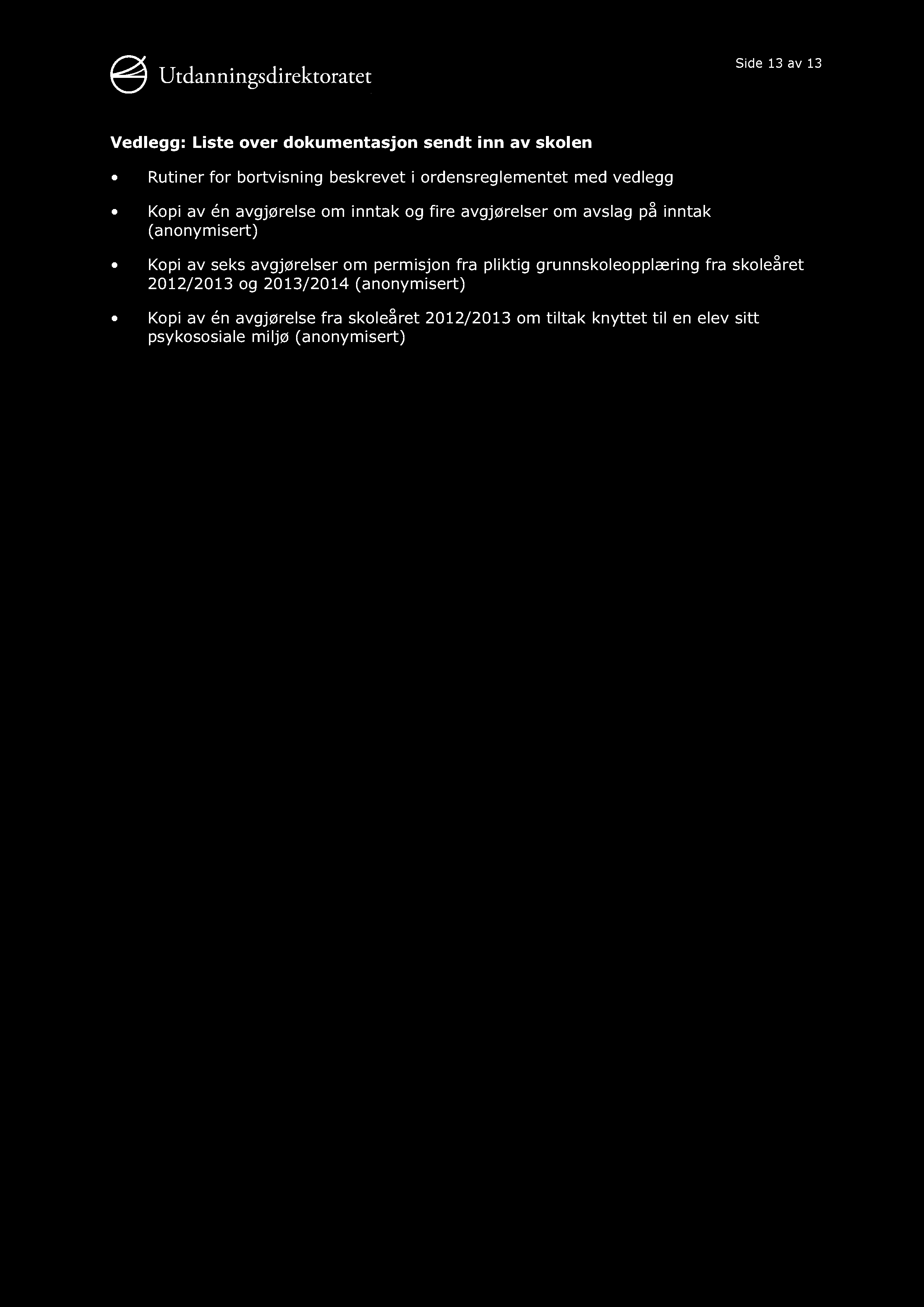 Side 13 av 13 Vedlegg: Liste over dokumentasjon sendt inn av skolen Rutiner for bortvisning beskrevet i ordensreglementet med vedlegg Kopi av én avgjørelse om inntak og fire avgjørelser om avslag på