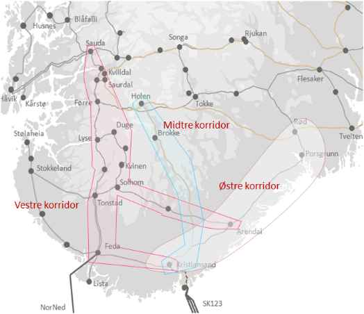 Vestre korridor 7,1 8,5 milliarder mellom Kristiansand og Sauda Spenningsoppgradering fra 300 kv til 420 kv Sikker drift av dagens nett og mellomlandsforbindelser Innfasing av ny