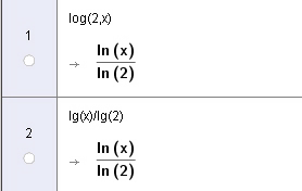 ln x ln 2 log 2 x log 2 x ln 2 ): log 2 x ln x ln 2 5) Kontroller reglene i 4) i GeoGebra CAS. I GeoGebra skrives log 2 x som log(2,x).