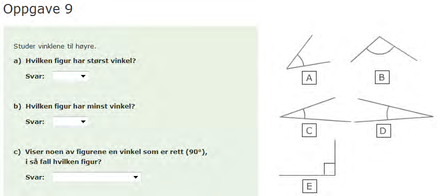 Oppgaveeksempel 15: Oppgave 9 Geometri 5 7 Begrepet vinkel er, faglige sett, et mer vanskelig tilgjengelig begrep i geometri enn det elevene har møtt tidligere. En vinkel kan defineres på flere måter.