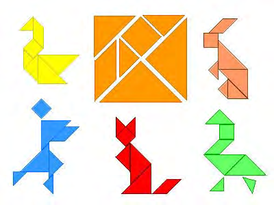 Figur 3: Eksempler på omformet tangramfigurer Her skal vi imidlertid fokusere på et annet aspekt, nemlig hvordan tangrambrikkene kan brukes i geometriundervisningen.