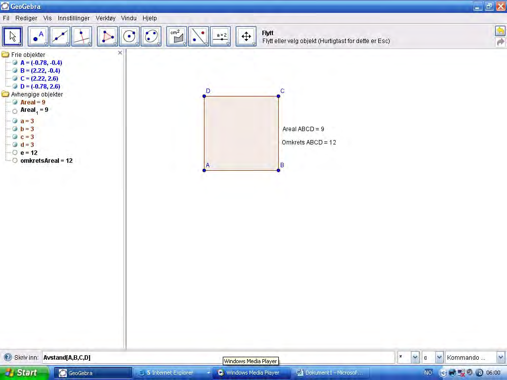 8.6.1 Beskrivelse av noen aktiviteter vha. dynamisk geometriprogram Aktivitet 14 Vi kan for eksempel tegne et kvadrat (regulær mangekant) i Geogebra.