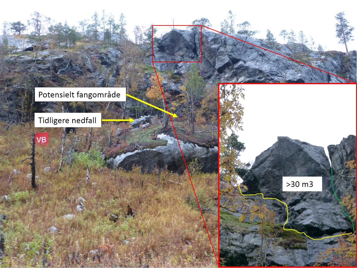 Lokalitet 1 Figur 6: Ved Lokalitet 1 er det observert et risikoobjekt på toppkant i bergveggen.