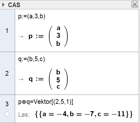 Løsninger v oppgvene i ok 4.00 Du kn gjøre slik i CAS: = 4 = 7 c= Du kn gjøre slik i CAS: 4.0. [,,3] [4,5,6] = [ 6 5 3,3 4 6, 5 4 ] = [ 3, 6, 3].