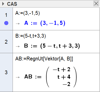 Oppgve 8 A = (3,, 5), og B ligger på linj l gitt ved x = 5 t l: y = t + 3 z = 3 Vi legger inn punktet A, og