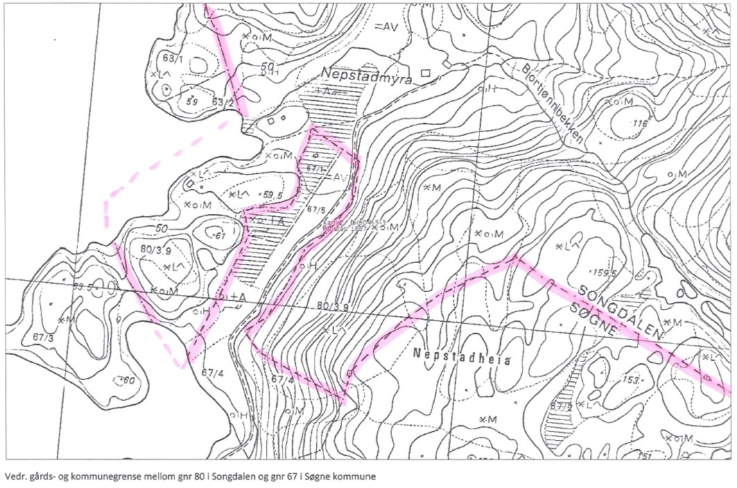 Figur 2: Kommunegrensen i området slik den vises i dagens kart, markert med rød strek.