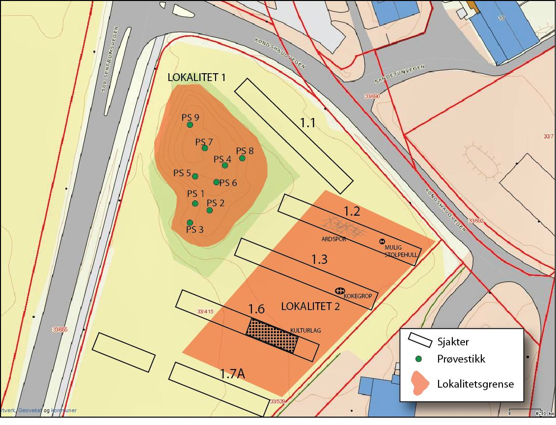 Figur 4: Oversikt av funnførende område og lokaliteter på område 1.