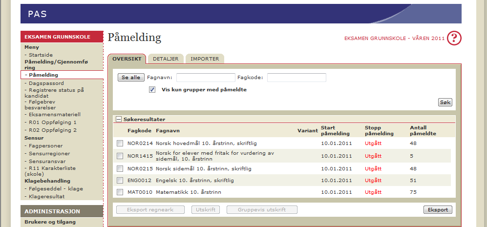detaljbildet: «Eksport regneark»: Åpner regneark med Fagkode, Fagnavn, Gruppekode og Elevnummer for alle elever.