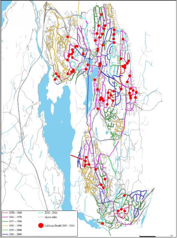 Figur 3-9: Lokalisering av lekkasje/brudd i perioden 2005-2014 hvor anleggsår er angitt (COWI 2015) Vannmålere er plassert strategisk rundt på ledningsnettet, ofte i pumpestasjoner.