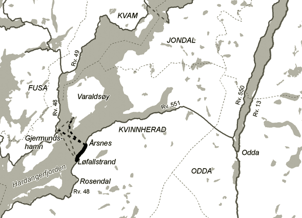 2 St.prp. nr. 2 2008 2009 Figur 2.1 Kartskisse redusert med om lag 10 minutt, sidan køyretida også blir kortare frå Odda til den nye ferjekaia.