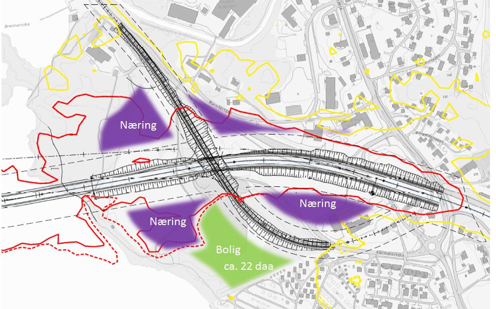 E6 Moelv-Biri konsekvenser for nytt trasealternativ i Ringsaker, delutredning for lokalt 13 Figur 8: Skisse som viser aktuelt areal for næringsbebyggelse utenfor byggegrenser og boligutbygging