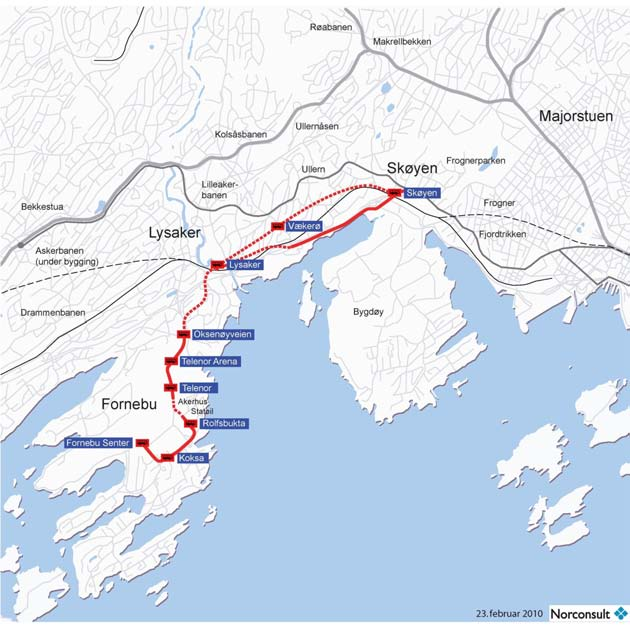 Superbuss Trasé Fornebu - Lysaker - Skøyen: Helt eller delvis som bybane for å oppnå størst mulig grad av egen separat trasé. Trasé Skøyen - sentrum: Vurdere Fjordtrikkens trasé.