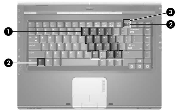 Tastatur og styrepute Numeriske tastaturer Innebygd numerisk tastatur De 15 tastene på det innebygde numeriske tastaturet 1 kan brukes på samme måte som tastene på et eksternt numerisk tastatur.