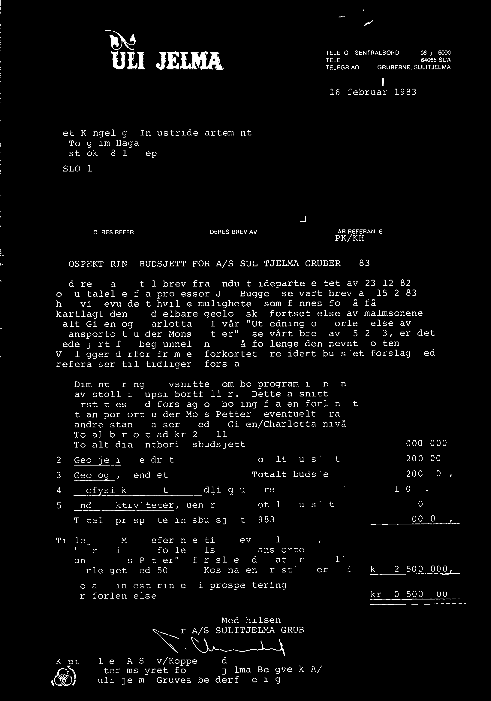 ULITJELMA GRUBER TELEFON SENTRALBORD: (081) 46000 TELEX: 64065 SUA TELEGR.ADR.: GRUBERNE, SULITJELMA 8230 SULITJELMA 16.februar 1983 Det Kongelige Industridepartement v/torgrim Haga Postboks 8014 Dep.