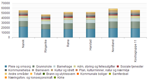 Utgifter og formål sammenlignet med andre Narvik Ringerike Rana Harstad Nordland Kostragruppe 11 Pleie og omsorg 22 068 17 089 17 195 17 633 19 184 18 765 Grunnskole 11 395 9 969 12 042 12 191 13 449