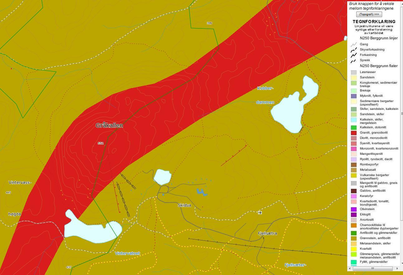 3.2 BERGGRUNN Ifølge NGU berggrunnskart opptrer det to ulike bergarter i området: - Nordlige del av området (Gråkallen og området nord for Kobberdammen) består av granitt og granodioritt.