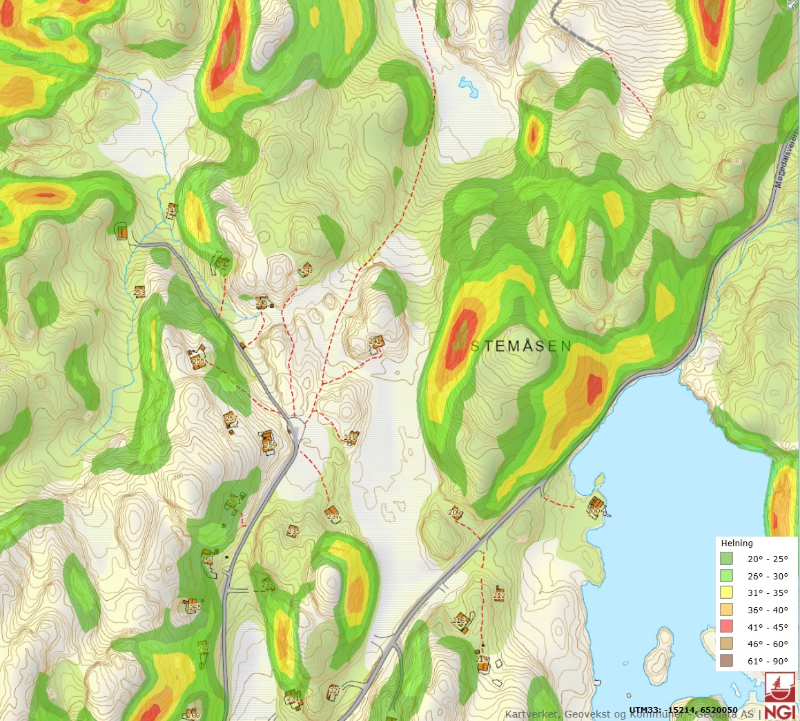 Møgedalsvannet hyttefelt 5.3.3 Topografiske forhold og vegetasjon Store snøskred utløses vanligvis i skråninger med helning mellom 30 og 50.