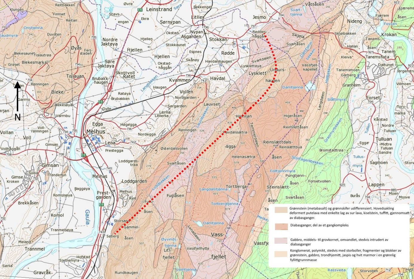 2 Generell geologi Figur 6: Utsnitt av NGUs berggrunnskart over området. Tunneltrasé er indikert med rød stiplet linje. Kilde: NGU.no [1] 2.