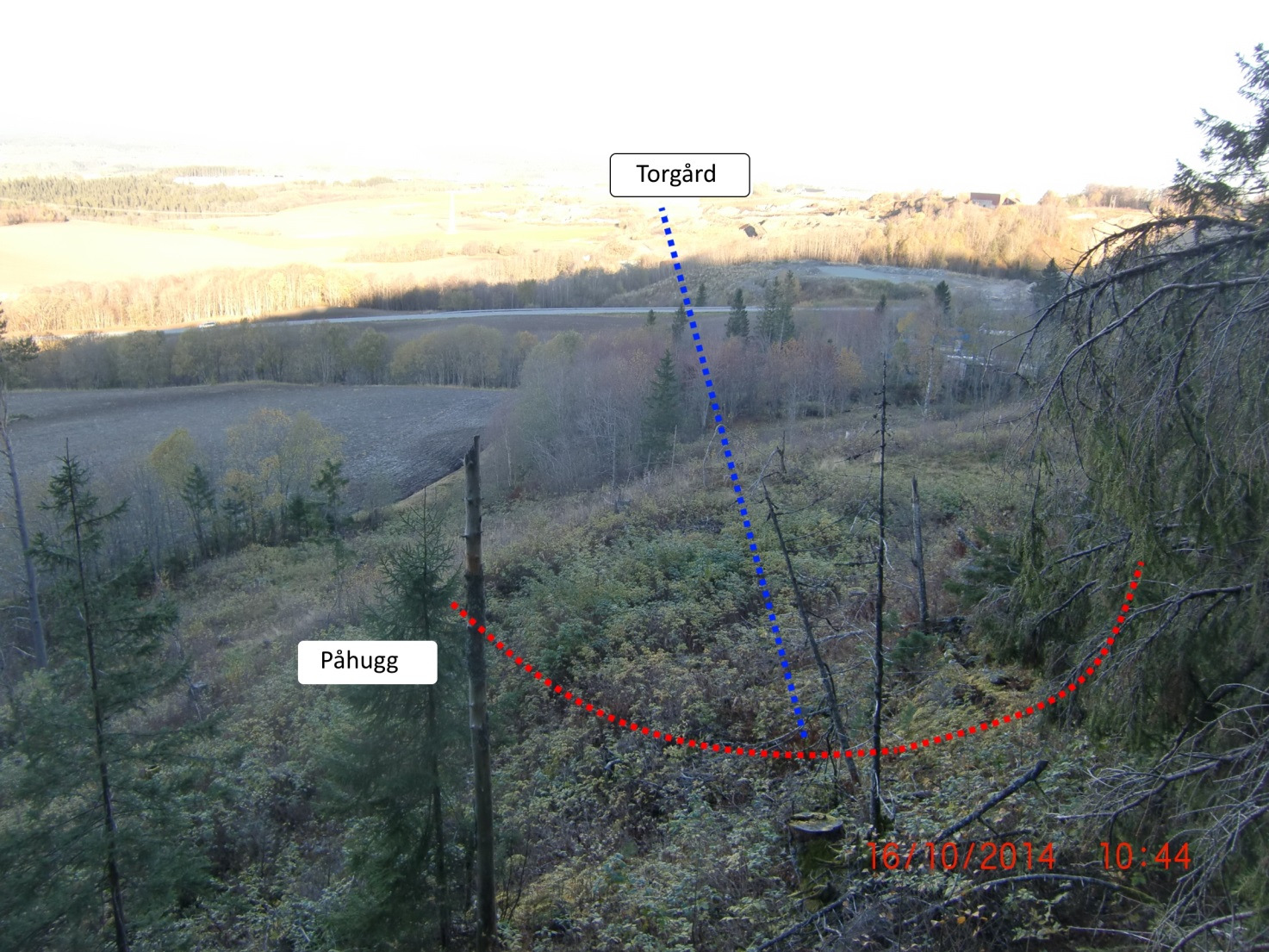 4 Ingeniørgeologiske vurderinger Figur 11: Omtrentlig plassering av tunnelen i forhold til Vassfjellet pukkverk Figur 12: Omtrentlig plassering av påhugg sør, med linjen (blå) og påhugg (rødt)