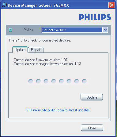 14 Oppdatere fastvaren gjennom Philips Device Manager Du finner gjeldende fastvareversjon på enheten. Installere Philips Device Manager 1 Koble TAP4.3 til en PC.