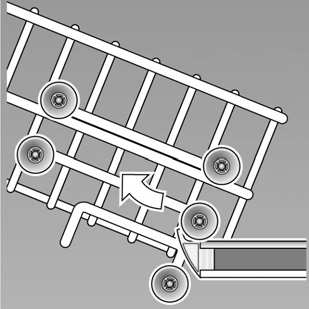 no Vaskemiddel Overkurv med øvre eller nedre hjulpar. 1. Trekk overkurven 1" ut. 2. Ta ut overkurven og heng den inn igjen på de øvre (trinn 3) hhv. nedre (trinn 1) hjulene.