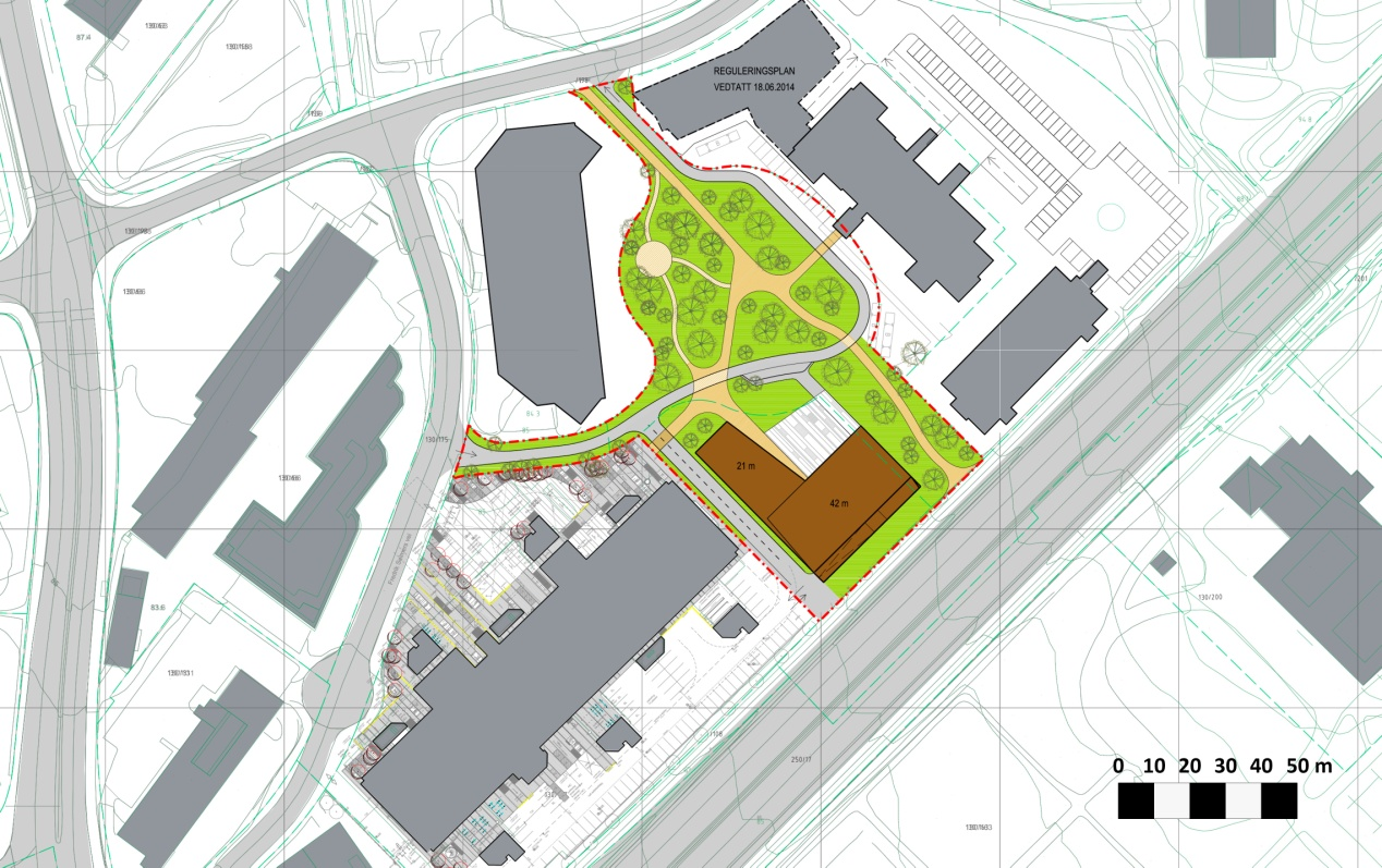 3. Mulig fremtidig situasjon Alternativ 1, med byggehøyder 52m mot Strømsveien og 38m mot parken. Atkomst fra Innspurten, med snuplass ved Helsfyr Hotell.