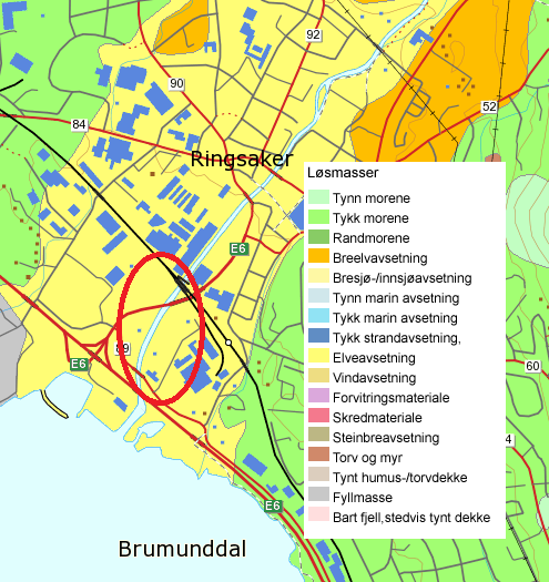 Figur 1: Løsmasseavsetninger (kilde: NGU). Tiltaksområdet ligger geografisk plassert innenfor rød ring.